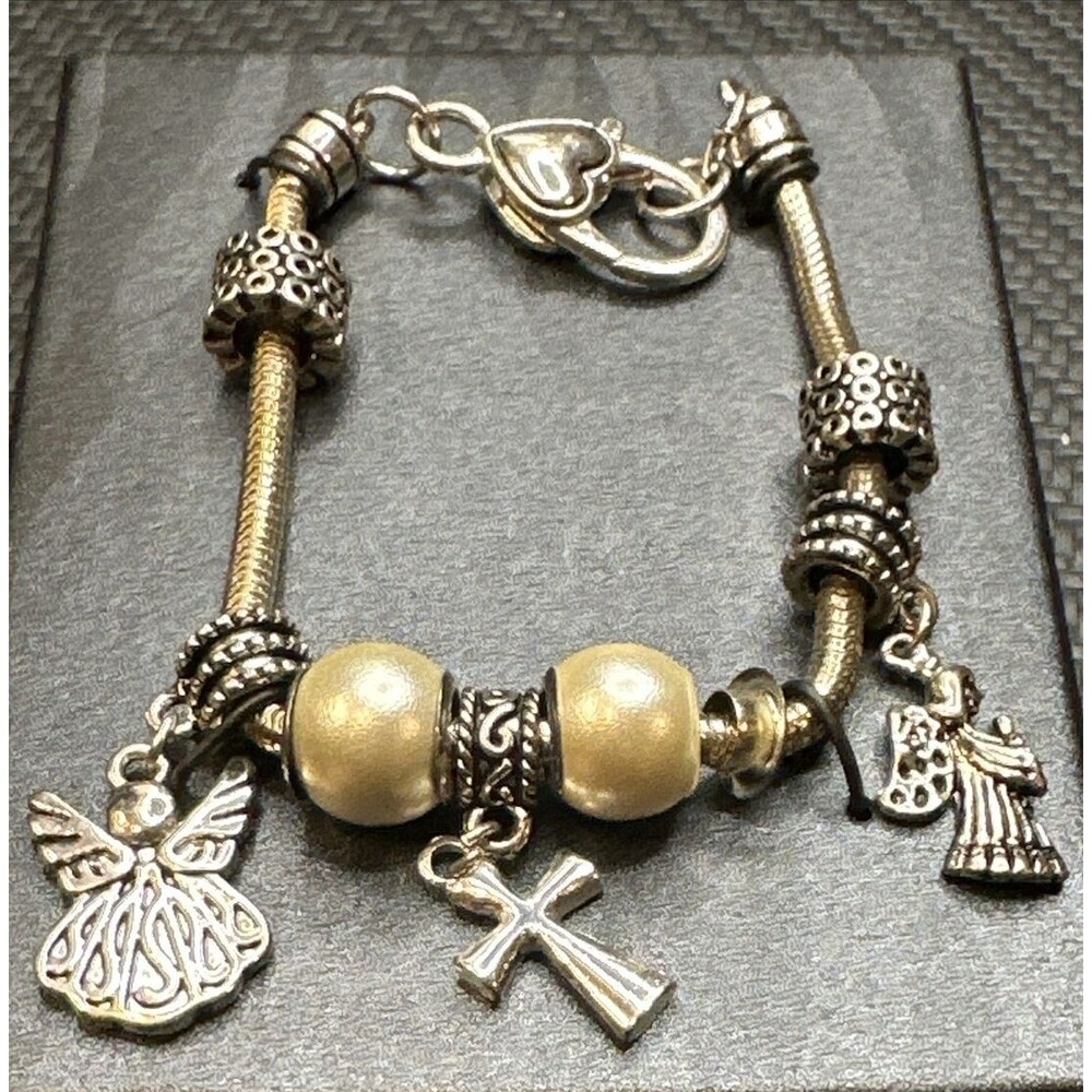 Charm Bracelet Angel Cross religious love beaded whimsy silvertone heart clasp